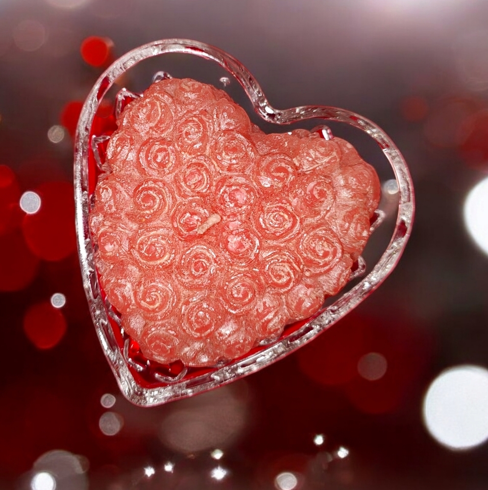 Clear Heavy Glass Heart-Shaped Dish / Rose Candle Set